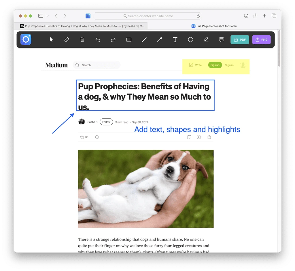 Full page screenshot for safari extension