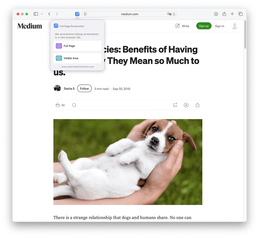 Full page screenshot for safari extension