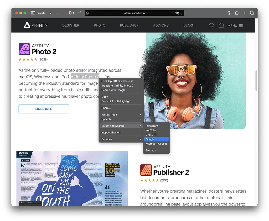 Select and search for safari extension