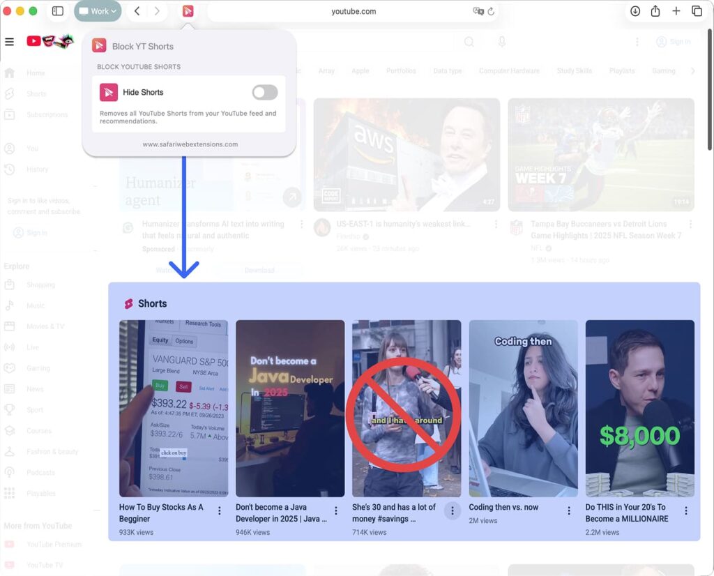 Block youtube shorts for Safari - Safari Extension