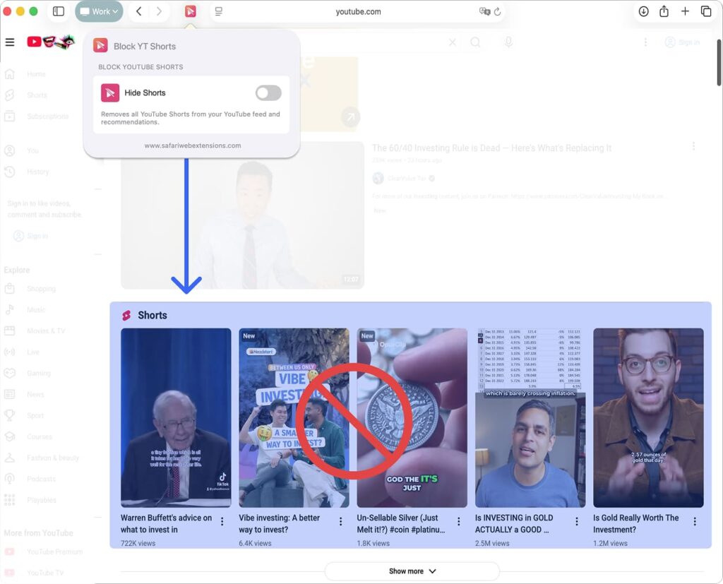 Block youtube shorts for Safari - Safari Extension